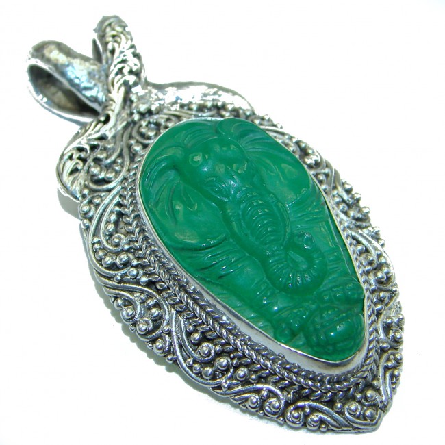 Lucky Elephant genuine Green Jade .925 Sterling Silver handcrafted Pendant