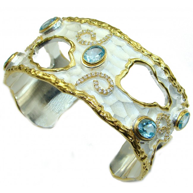 Luxury ITALY HAND-MADE Swiss Blue Topaz 18K Gold over .925 Sterling Silver Bracelet / Cuff