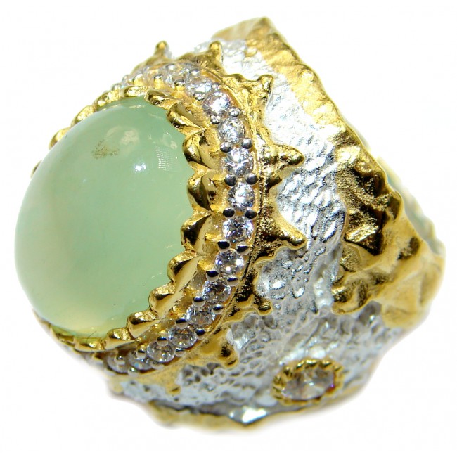 Huge Prehnite 14K Gold over .925 Sterling Silver Italy handmade Cocktail Ring s. 7