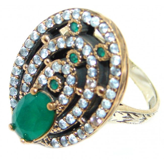 Victorian Style created Emerald & White Topaz Sterling Silver Ring s. 8