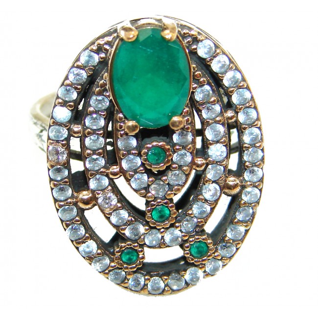 Victorian Style created Emerald & White Topaz Sterling Silver Ring s. 8