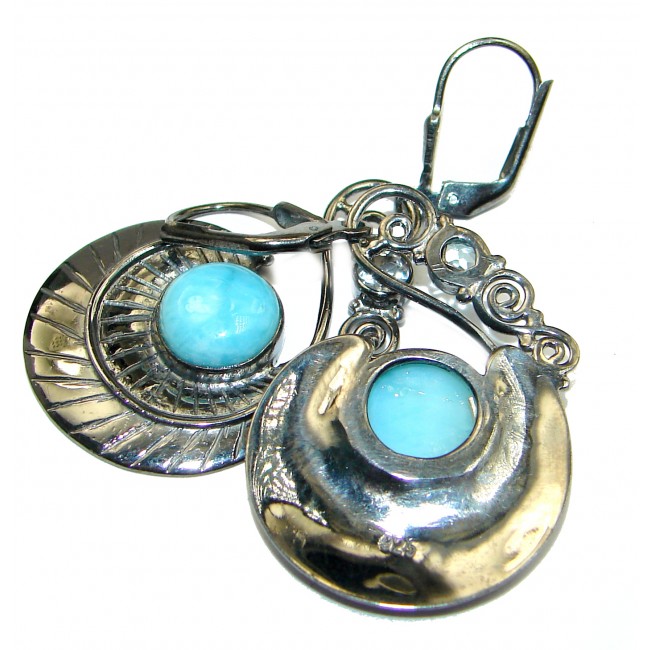 Vintage Design genuine Blue Larimar oxidized .925 Sterling Silver handmade earrings