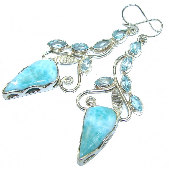 LARGE Precious genuine Blue Larimar .925 Sterling Silver handmade earrings