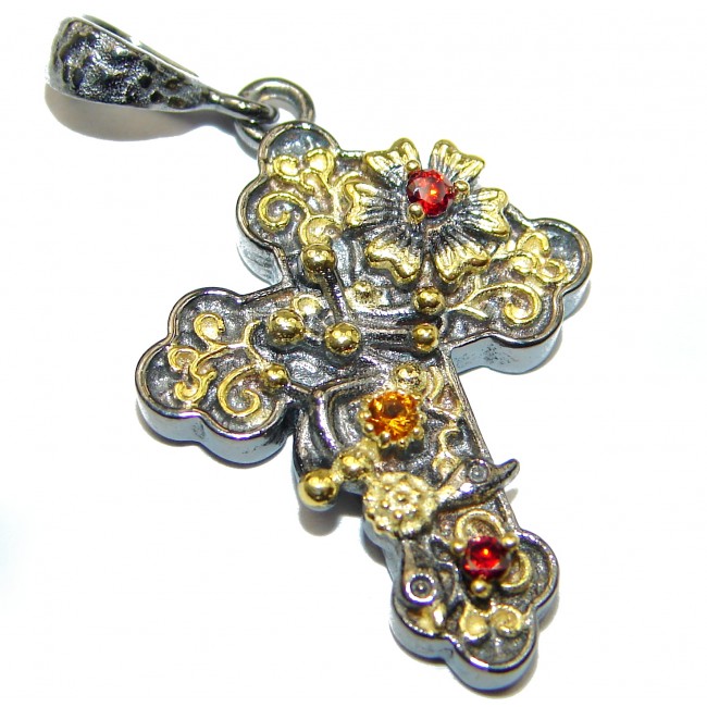 Holy Cross genuine Sapphire Gold over .925 Sterling Silver handmade Pendant