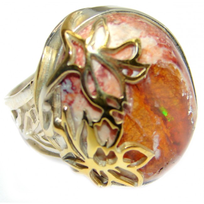 Vintage Design Genuine Mexican Opal 14K Gold over .925 Sterling Silver handmade Ring size 7 adjustable