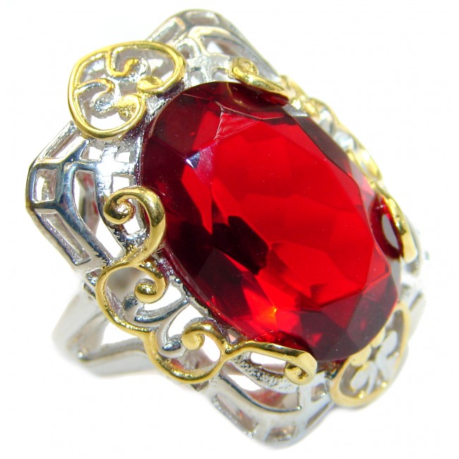 Ruby color Quartz Topaz two tones .925 Sterling Silver handcrafted Ring s. 8 1/4