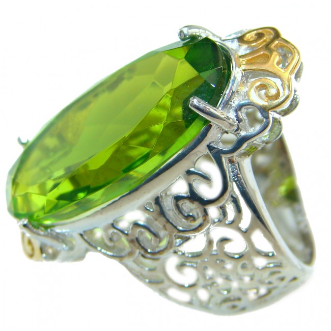 Green Quartz two tones .925 Sterling Silver handcrafted Ring s. 6