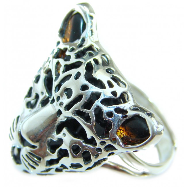 Leopart Genuine Baltic Polish Amber .925 Sterling Silver handmade Ring size 8 adjustable
