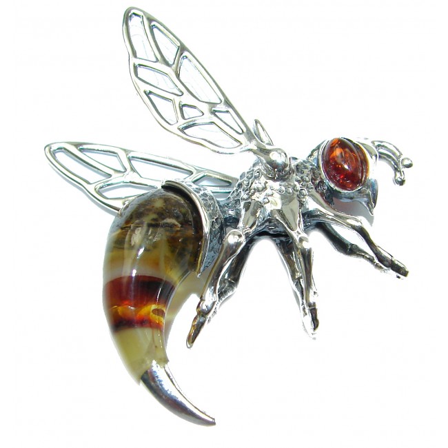 Masterpiece Honey Bee Baltic Polish Amber .925 Sterling Silver Handmade Pendant