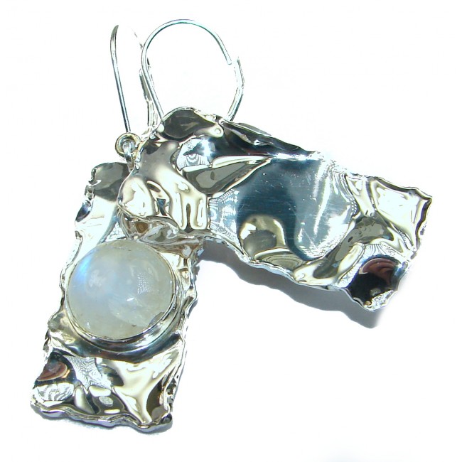 Large Modern Design White Moonstone hammered .925 Sterling Silver earrings