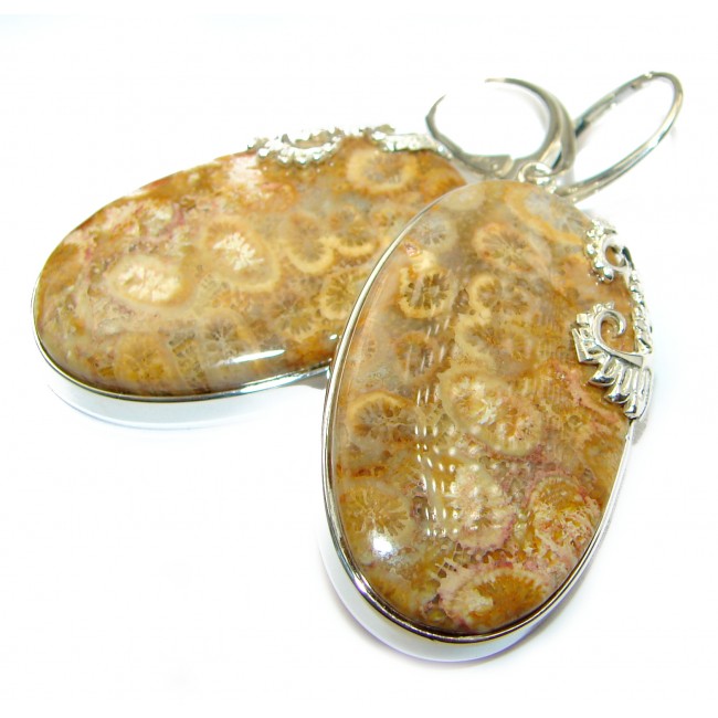 Huge Boho Style Genuine Fossilized Coral .925 Sterling Silver handmade earrings