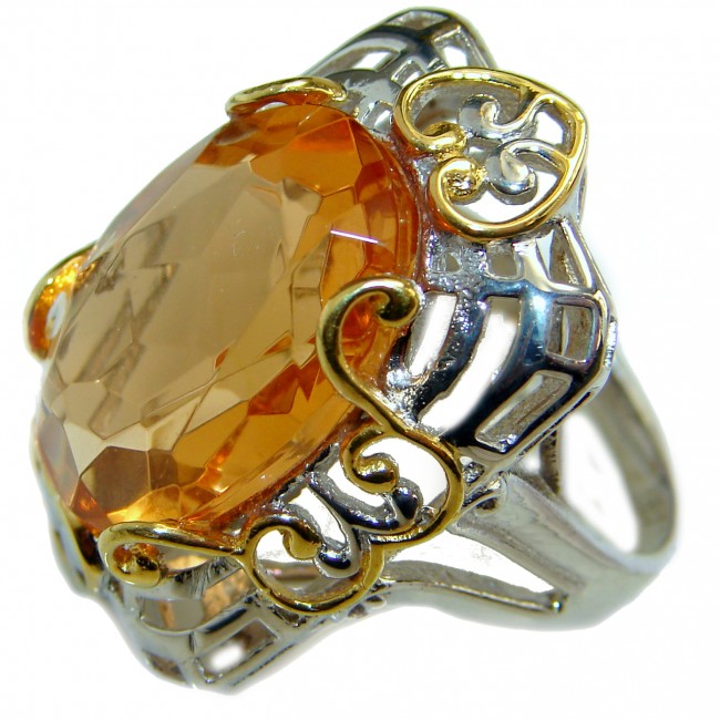 Golden color Quartz Topaz two tones .925 Sterling Silver handcrafted Ring s. 7 1/2