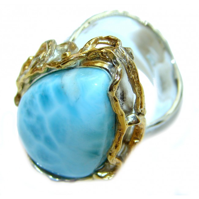Natural Larimar 18K Good over .925 Sterling Silver handcrafted Ring s. 9