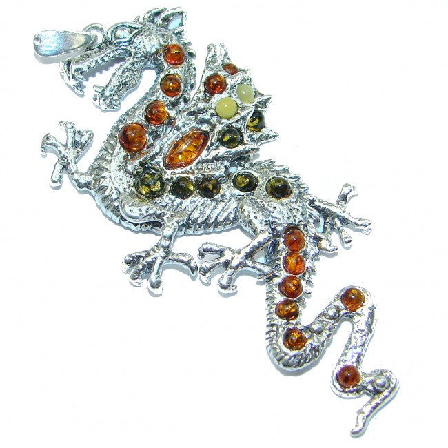 Huge Dragon Multicolor Baltic Amber .925 Sterling Silver handcrafted Pendant