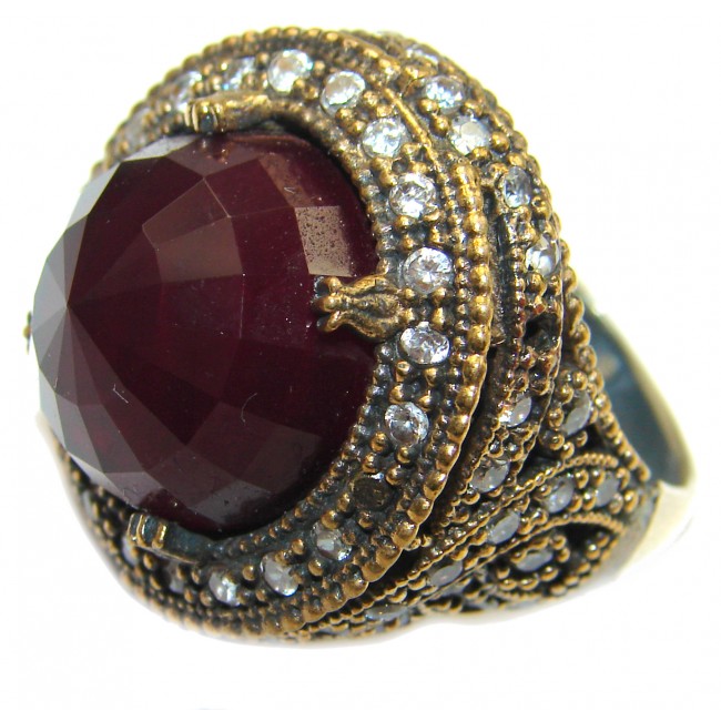 Large Victorian Style created Ruby & White Topaz Sterling Silver ring; s. 8