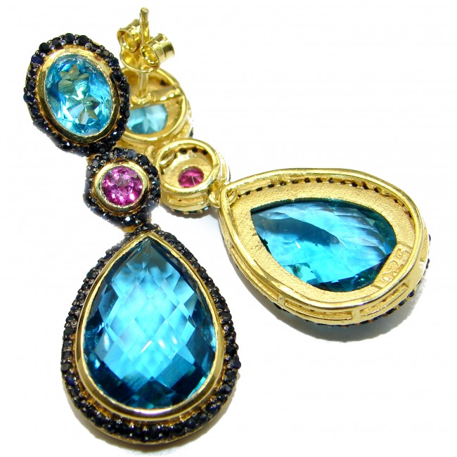 LARGE 45ct Swiss Blue Topaz & Black Diamonds .925 Sterling Silver handcrafted earrings