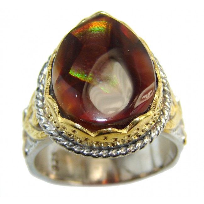 Genuine Fire Agate Mexican 14K Gold over .925 Sterling Silver Ring size 8
