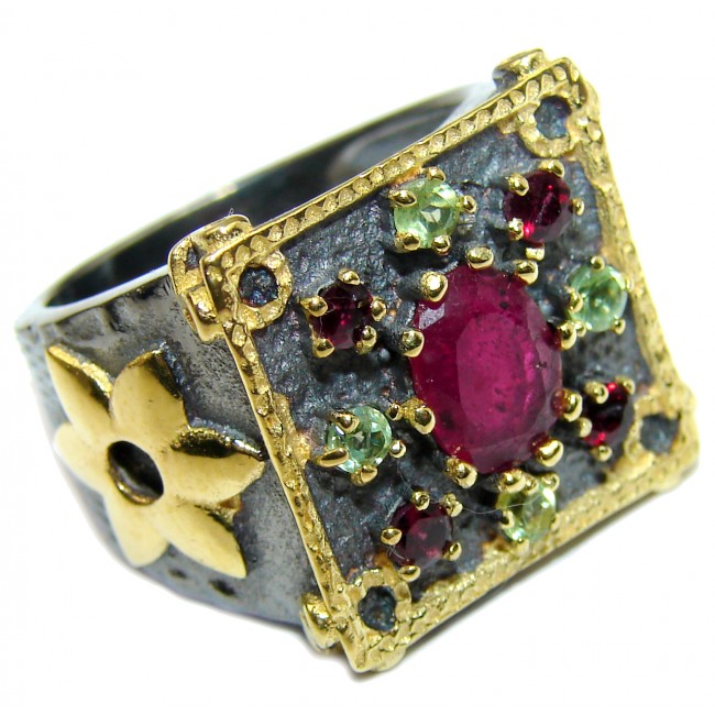 Large genuine Ruby 14K Gold over .925 Sterling Silver Statement ring; s. 8 1/4