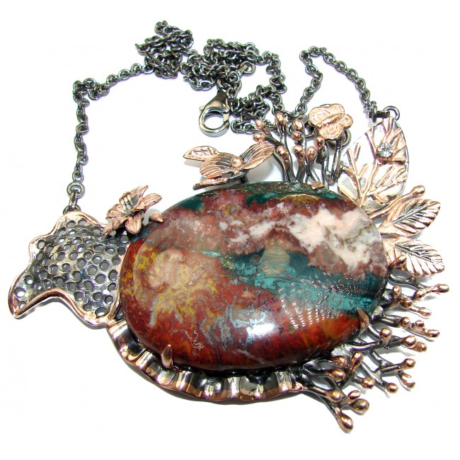 Incredible Genuine Moss Agate Rose Gold over .925 Sterling Silver handmade necklace