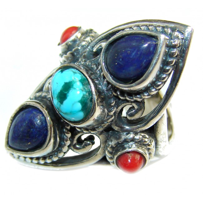 Huge Turquoise .925 Sterling Silver handcrafted ring; s. 9
