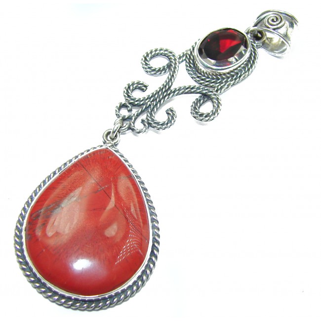 Fabulous Floral Design Red Jasper oxidized .925 Sterling Silver handmade Pendant