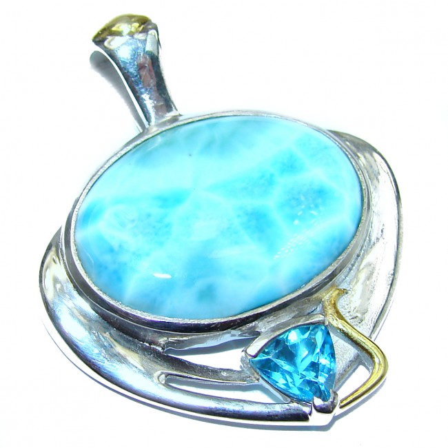 Perfectly Blue Larimar two tones .925 Sterling Silver handmade pendant