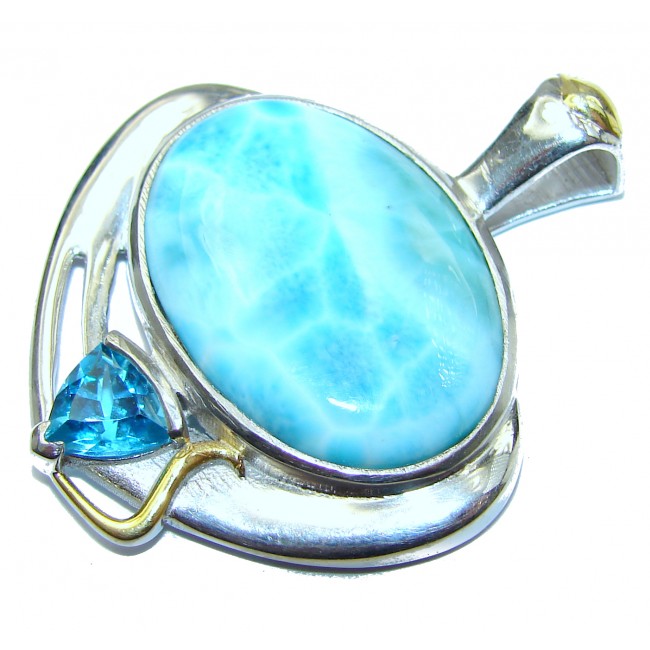 Perfectly Blue Larimar two tones .925 Sterling Silver handmade pendant