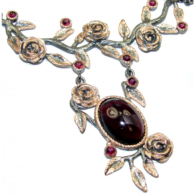 Floral Design Genuine Garnet 14K Gold over .925 Sterling Silver handmade necklace