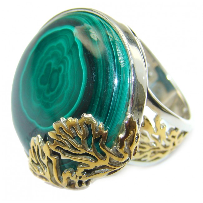 Natural Sublime quality Malachite two tones .925 Sterling Silver handcrafted ring size 7 adjustable