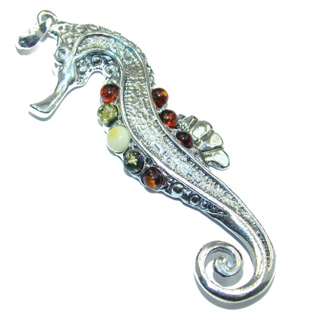 Sea Horse Baltic Amber .925 Sterling Silver handmade Pendant