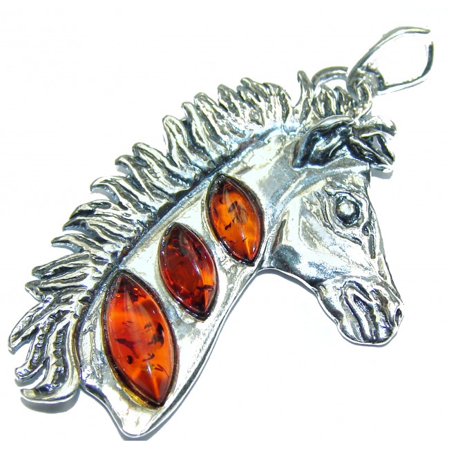 Masterpiece Horse Baltic Polish Amber .925 Sterling Silver Handmade Pendant