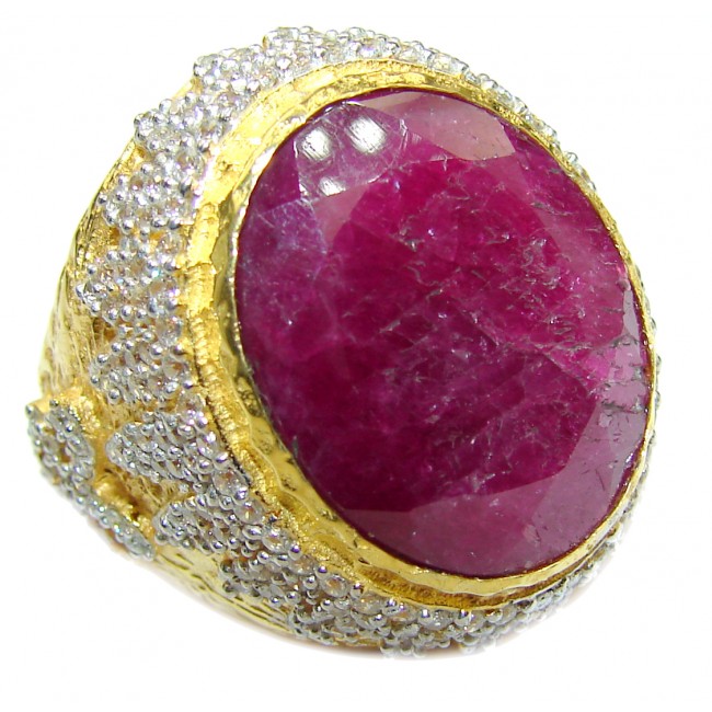 Large genuine Ruby 14K Gold over .925 Sterling Silver Statement Italy made ring; s. 9