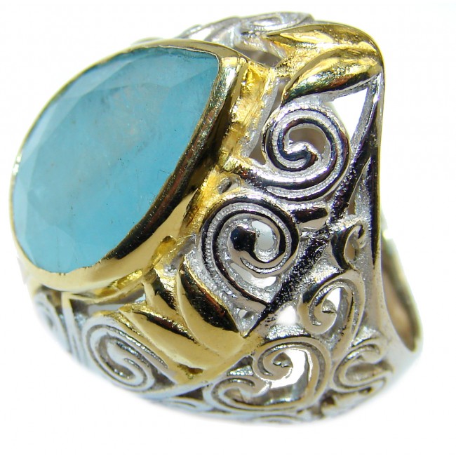 Spectacular genuine Aquamarine 14K Gold over .925 Sterling Silver handmade ring s. 7 1/4