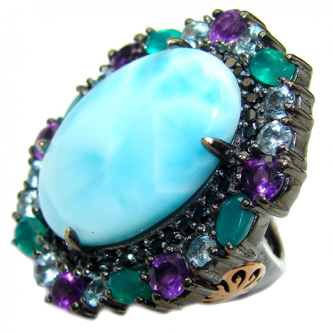 Natural Larimar Emerald Black Rhodium over .925 Sterling Silver handcrafted Ring s. 6
