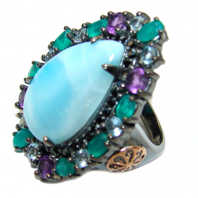 Natural Larimar Emerald Black Rhodium over .925 Sterling Silver handcrafted Ring s. 7