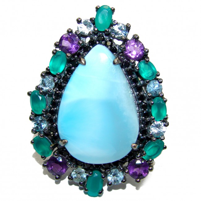 Natural Larimar Emerald Black Rhodium over .925 Sterling Silver handcrafted Ring s. 7