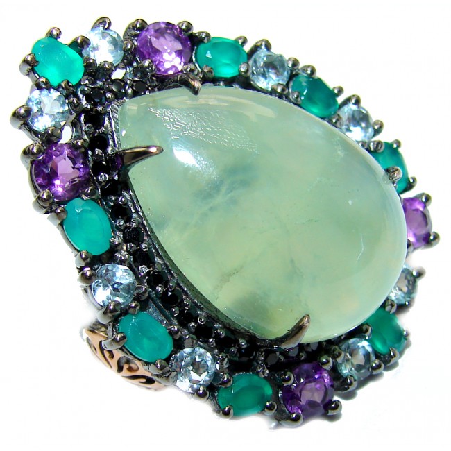 Natural Prehnite Emerald Black Rhodium over .925 Sterling Silver handcrafted Ring s. 8 1/4