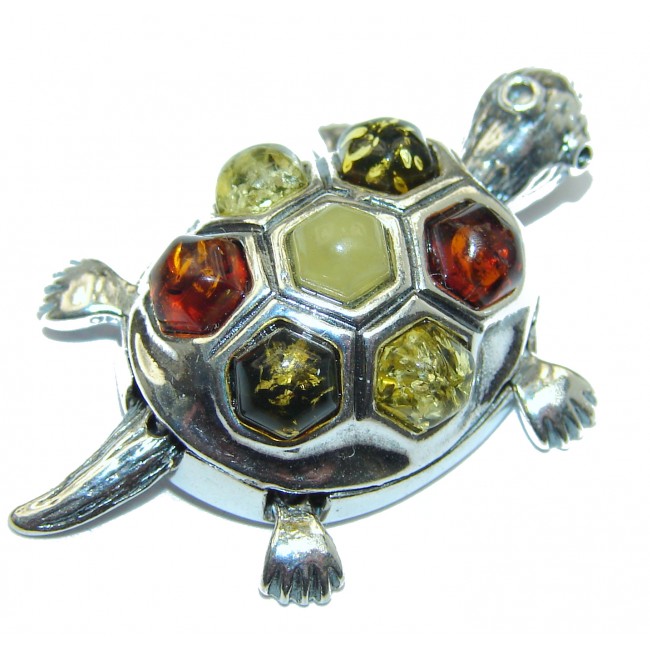 Turtle Genuine Polish Amber . 925 Sterling Silver handmade Pendant