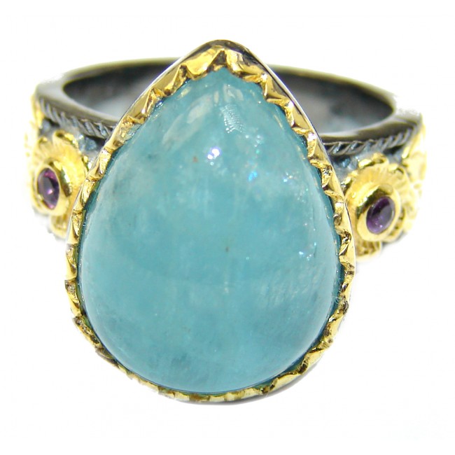 Antique Design Blue Aquamarine 14K Gold over .925 Sterling Silver handmade ring s. 8
