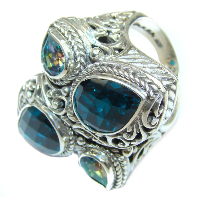 HUGE Top Quality Magic Volcanic Blue Topaz .925 Sterling Silver handcrafted Ring s. 7