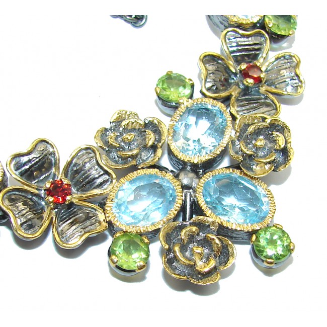 Floral Design Swiss Blue Topaz 14K Gold over .925 Sterling Silver handcrafted necklace