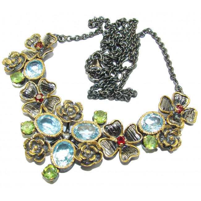Floral Design Swiss Blue Topaz 14K Gold over .925 Sterling Silver handcrafted necklace