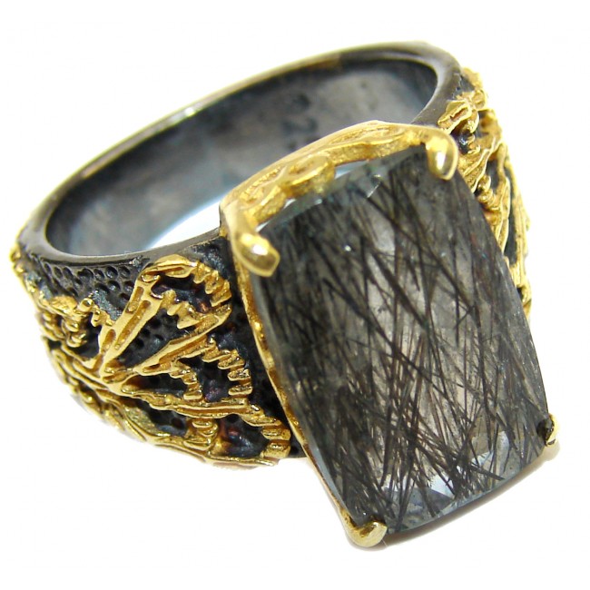 Mysterious Tourmalinated Quartz Gold over .925 Sterling Silver handmad ring s. 7
