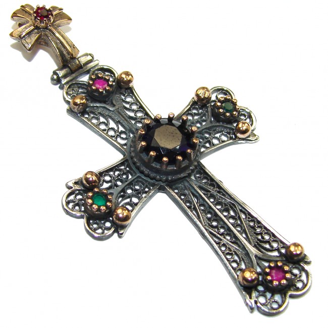 Victorian Style created sapphire .925 Sterling Silver Pendant / Cross