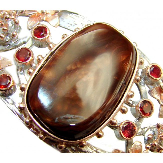 Bohemian Style Large & Beautiful Fire Agate Rose Gold Rhodium over .925 Sterling Silver Bracelet / Cuff