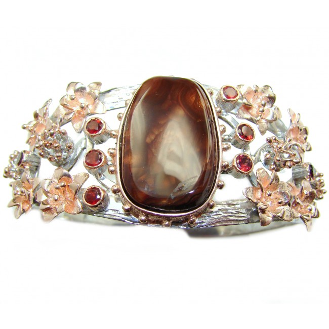 Bohemian Style Large & Beautiful Fire Agate Rose Gold Rhodium over .925 Sterling Silver Bracelet / Cuff