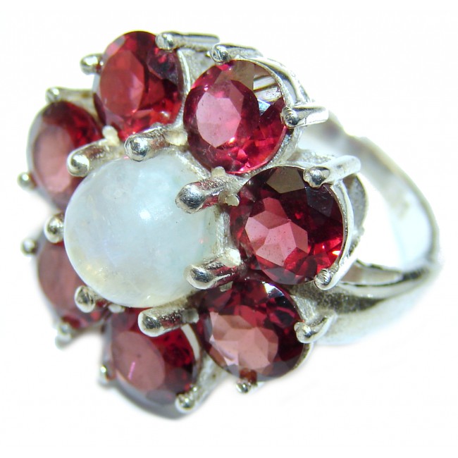 Fire Moonstone Garnet .925 Sterling Silver handcrafted Cocktail ring size 6