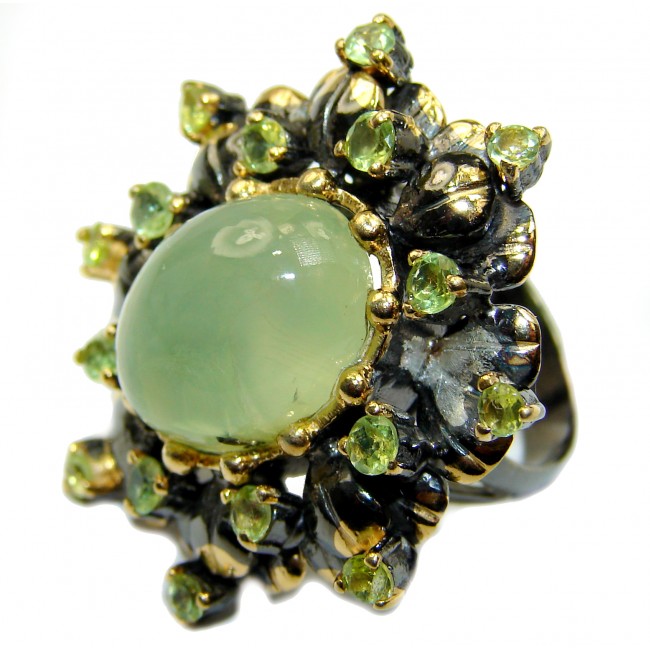 Chunky Natural Moss Prehnite Peridot 14K Gold over .925 Sterling Silver handmade ring s. 7