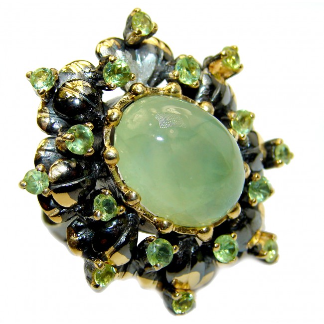 Chunky Natural Moss Prehnite Peridot 14K Gold over .925 Sterling Silver handmade ring s. 7