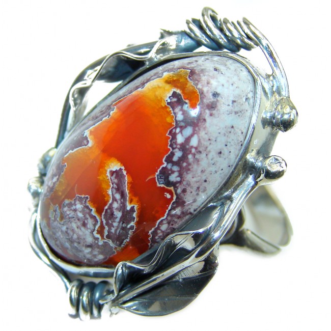 Floral Design Genuine Mexican Opal .925 Sterling Silver handmade Ring size 7 adjustable